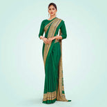 Bottle Green and Beige Women's Premium Italian Silk Plain Gaala Border Staff Uniform Saree