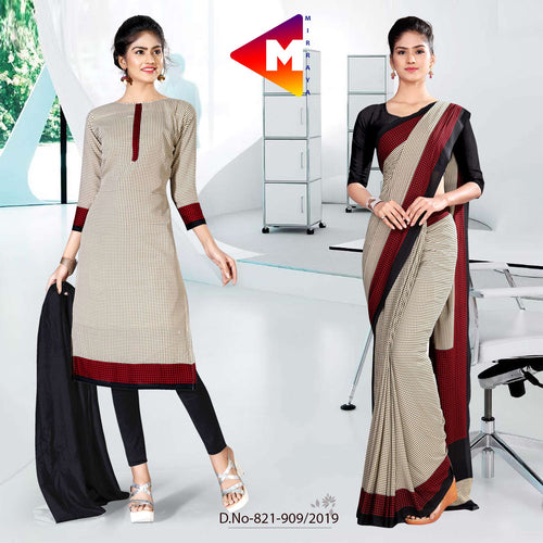 Beige and Red Women's Premium Italian Silk Small Butty Uniform Sarees Salwar Combo for Showroom Staff
