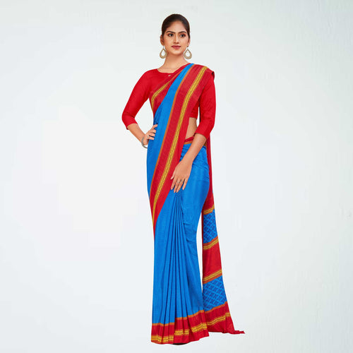 Royal Blue and Red Women's Premium Italian Silk Reliance Gems Jewellery Store Uniform Sarees With Blouse Piece