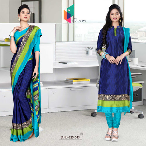 Navy Blue And Sea Green Women's Premium Silk Chiffon Plain Gala Border Showroom Uniform Sarees Salwar Combo
