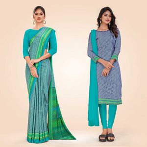 Turquoise and Green Women's Premium Italian Silk Small Butty PTM Uniform Saree Salwar Combo