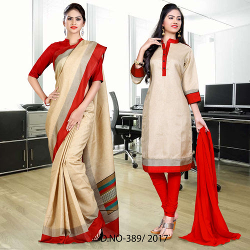 Beige and Red Women's Premium Manipuri Cotton Plain Gaala Border Showroom Uniform Sarees Salwar Combo
