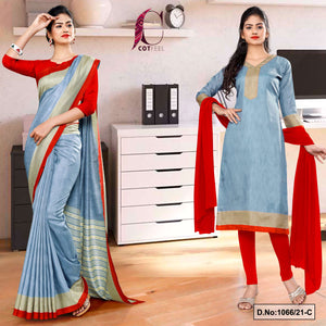 Gray Red Women's Premium Manipuri Cotton Uniform Sarees Salwar Combo For Workers Uniform