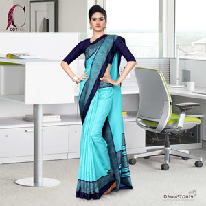 Turquoise And Navy Blue Tripura Cotton Institute Uniform Saree