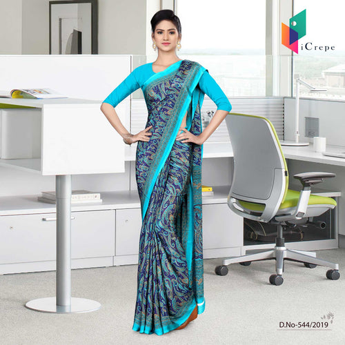 Turquoise And Blue Italian Crepe Silk Institution Uniform Saree