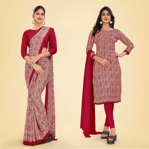 Maroon Women's Premium Italian Silk Ikat Print School Uniform Saree Salwar Combo