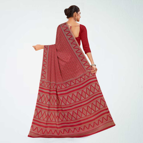 Yellow Women's Premium Silk Chiffon Ikat Print School Uniform Saree