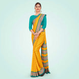 Yellow and Turquoise Women's Premium Manipuri Cotton Small Butty Teachers Uniform Saree