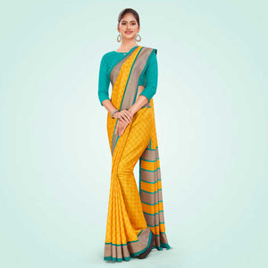 Yellow and Turquoise Women's Premium Manipuri Cotton Small Butty Teachers Uniform Saree