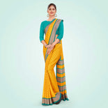 Beige and Turquoise Women's Premium Manipuri Cotton Small Butty Workers Uniform Saree