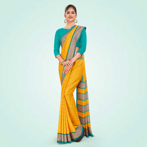 Beige and Turquoise Women's Premium Manipuri Cotton Small Butty Workers Uniform Saree
