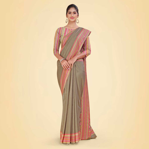 Pistachio Women's Premium Mulberry Silk Plain Gaala Border Teachers Uniform Saree