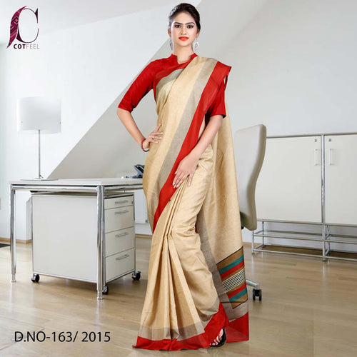 Beige and Red Women's Premium Manipuri Cotton PTM Uniform Sarees With Blouse Piece
