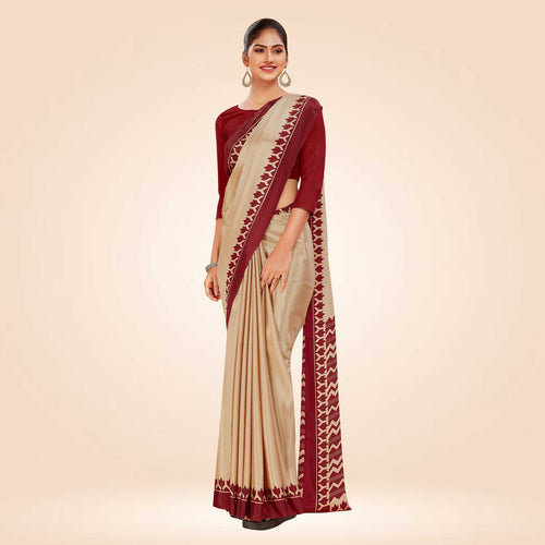 Maroon and Beige Women's Premium Silk Chiffon Plain Gaala Border Air Hostess Uniform Saree