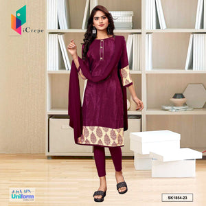 Wine Women's Premium Italian Silk Fancy Print Uniform Salwar Kameez for Receptionist