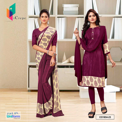 Wine Women's Premium Italian Silk Fancy Print Uniform Saree Salwar Combo for Receptionist