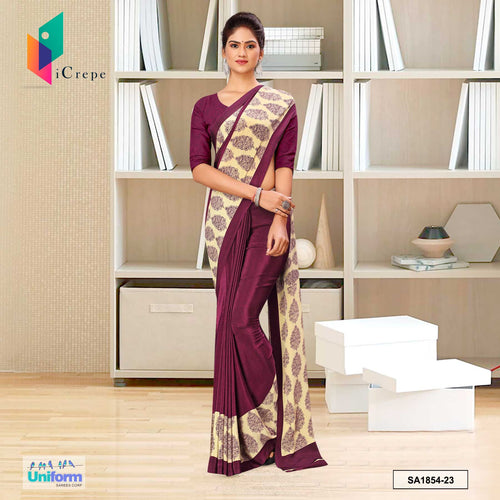 Wine Women's Premium Italian Silk Fancy Print Uniform Sarees With Blouse Piece for Receptionist