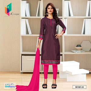 Wine and Dark Pink Women's Premium Silk Crepe Plain Border Hospital Uniform Salwar Kameez