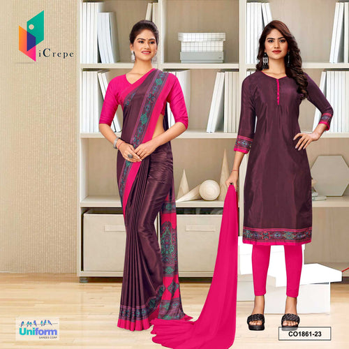 Wine and Dark Pink Women's Premium Silk Crepe Plain Border Hospital Uniform Saree Salwar Combo