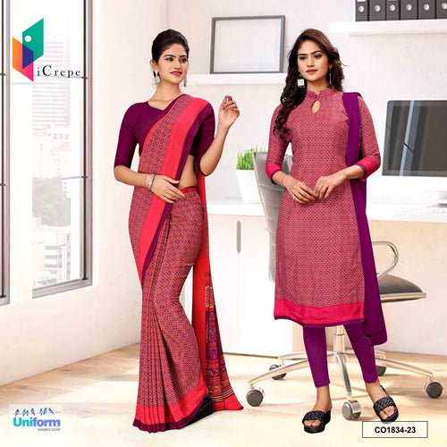 Wine and Pink Women's Premium Italian Silk Small Print Uniform Saree Salwar Combo for Showroom