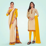 Beige and Orange Women's Premium Italian Silk Discipline Day Jewellery Showroom Uniform Saree Salwar Combo