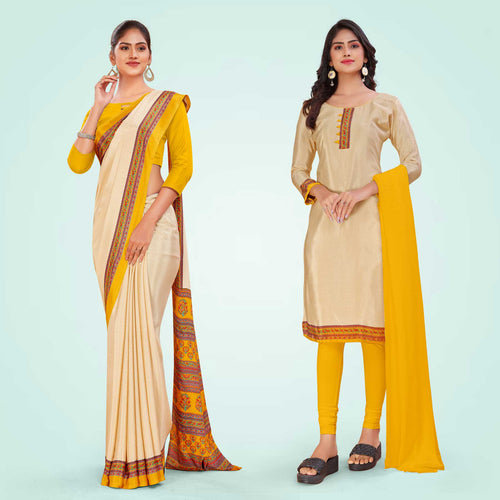Beige and Yellow Women's Premium Italian Silk Discipline Day Front Office Uniform Saree Salwar Combo