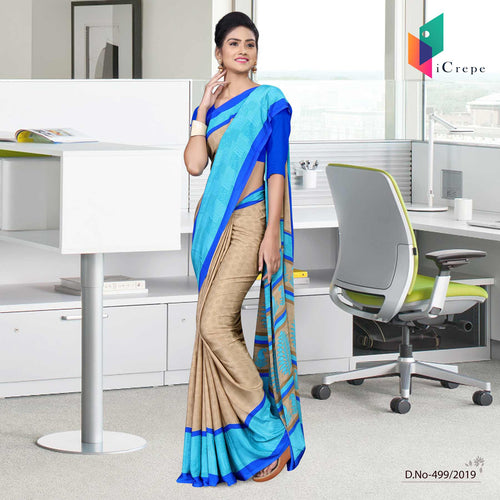 Brown And Blue Italian Crepe Silk Hospital Uniform Saree
