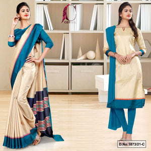 Beige Peacock Blue Women's Premium Manipuri Cotton Uniform Sarees Salwar Combo For Hospital Uniform