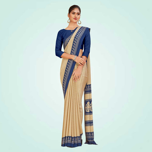 Beige and Navy Blue Women's Premium Italian Silk Small Butty Front Office Uniform Saree