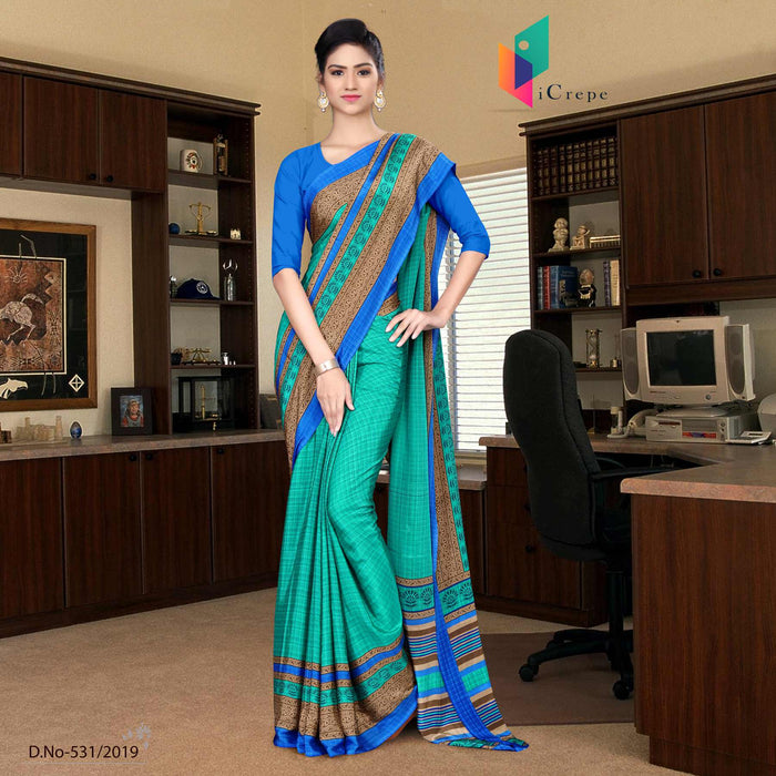 Green And Blue Italian Crepe Silk Office Uniform Saree
