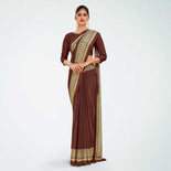 Brown and Beige Women's Premium Italian Silk Plain Gaala Border Teachers Uniform Saree