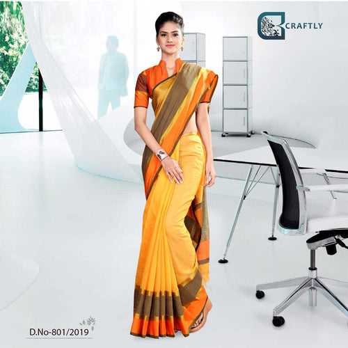 Yellow And Orange   Craftly Cotton Corporate Uniform Saree