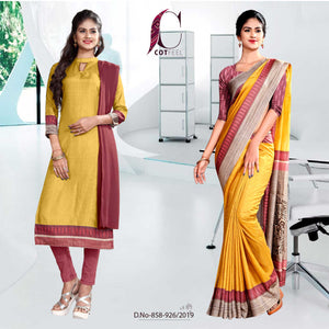 Yellow And Pink Fancy Institute  Uniform Saree Salwar Combo