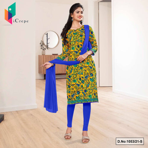 Yellow Blue Flower Print Premium Italian Silk Crepe Uniform Chudidar For College Students