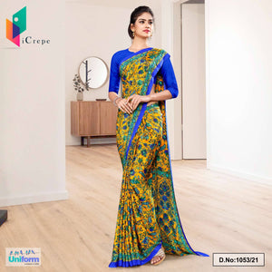 Yellow Blue Flower Print Premium Italian Silk Crepe Uniform Sarees For College Students