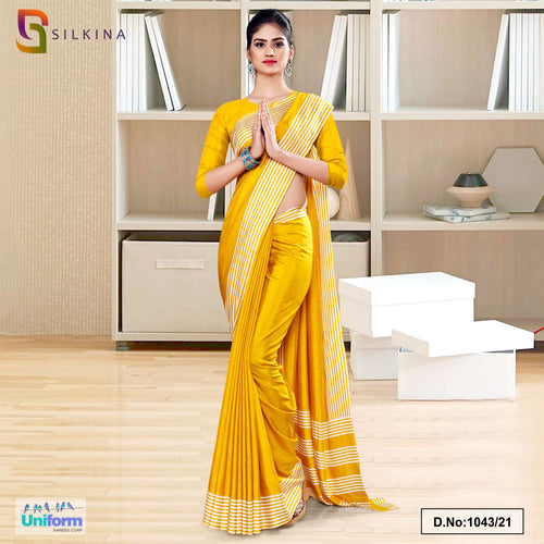 Yellow Gold Plain Border Premium Polycotton Raw Silk Saree For Staff Uniform Sarees