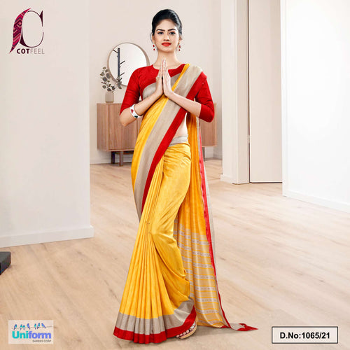 Yellow Red Plain Border Premium Polycotton Cotfeel Saree For Student Uniform Sarees