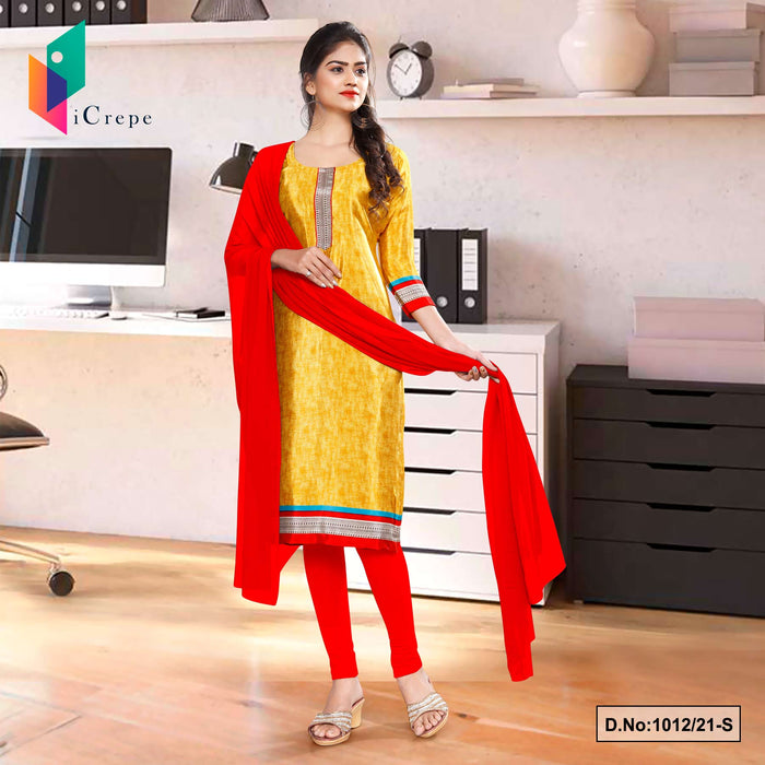 Yellow Red Premium Italian Silk Crepe Chudidar For Receptionist Uniform Sarees