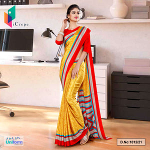 Yellow Red Premium Italian Silk Crepe Saree For Receptionist Uniform Sarees