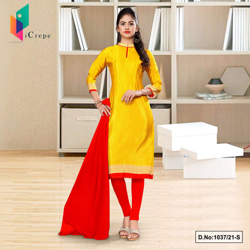 Yellow Red Women's Premium Italian Silk Crepe School Teachers Uniform Salwar Kameez