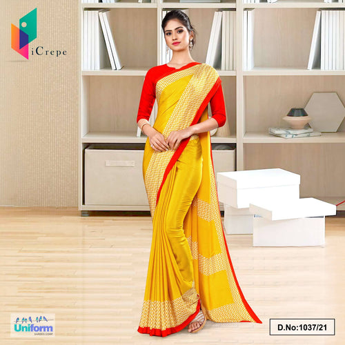 Yellow Red Premium Italian Silk Crepe Uniform Sarees For School Teachers