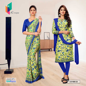Yellow and Blue Women's Premium Silk Crepe Floral Print Office Uniform Saree Salwar Combo