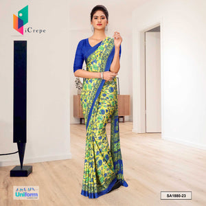 Yellow and Blue Women's Premium Silk Crepe Floral Print Office Uniform Sarees With Blouse Piece