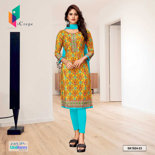 Yellow and Sea Green Women's Premium Italian Silk Ikat Print Jewellery Showroom Uniform Salwar Kameez