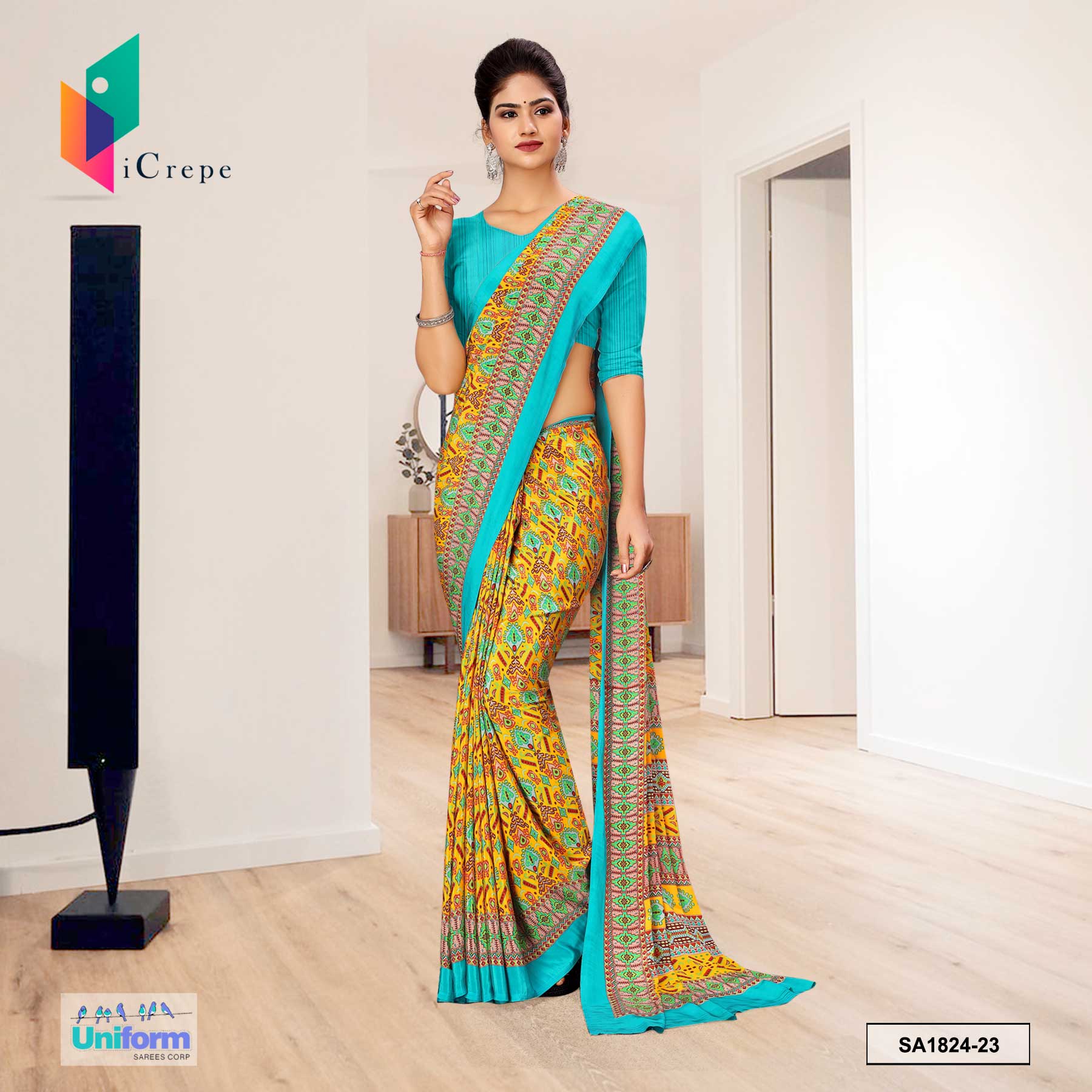 Yellow and Sea Green Women's Premium Italian Silk Ikat Print Jewellery–  Uniform Sarees