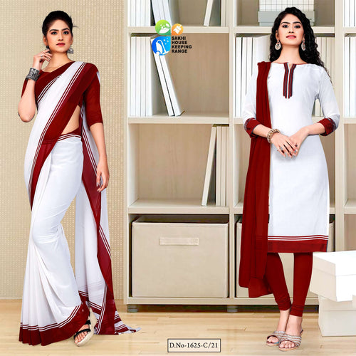 Maroonn White Premium Georgette Mother Teresa Hospital Uniform Sarees Salwar Combo For Cleaning Staff