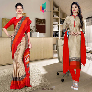 Beige and Red Women's Premium Silk Chiffon Plain Gala Border Teachers Uniform Sarees Salwar Combo