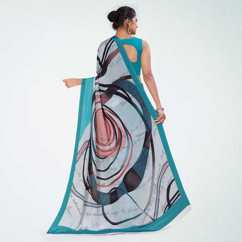 Peach and Navy Blue Women's Premium Italian Silk Digital Print Uniform Sarees for Institutions With Blouse Piece