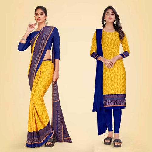 Yellow and Navy Blue Women's Premium Italian Silk Discipline Day School Teacher Uniform Saree Salwar Combo