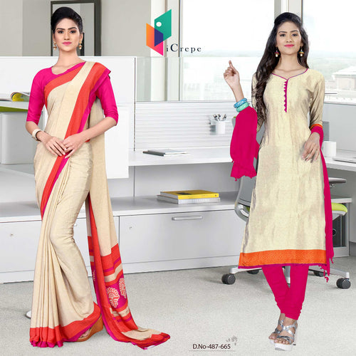 Cream and Pink Women's Premium Italian Silk Discipline Day Office Uniform Sarees Salwar Combo